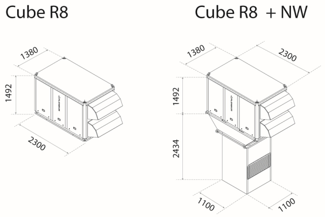 wymiary Дахові кондиціонери Сube R8 з осьовим нагнітачем